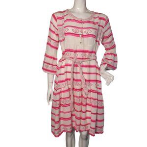 ASPIGA Dress, M, White/Pink, Bell 3/4 sleeve, Selt tie, Bright color,Twirl Skirt